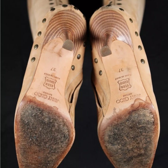 JIMMY CHOO Camel Suede Studded Detail Pointed Toe High Heel Knee Boots 37 - Picture 12 of 13